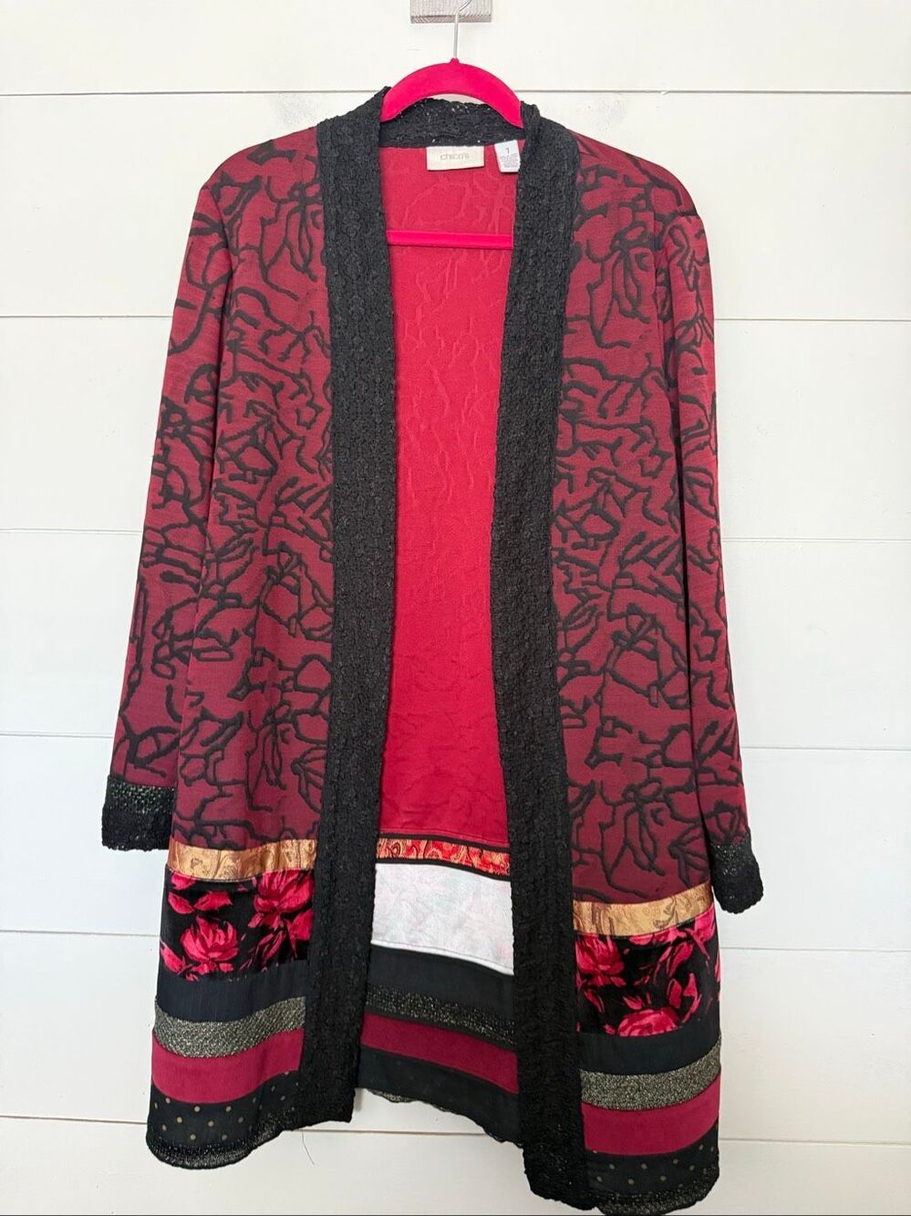 Chico’s Women’s 1 Patchwork Lace Boho Eclectic Jacquard Open Cardigan Witchy